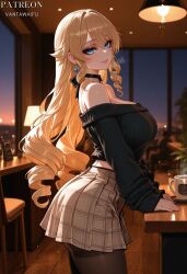 ai_generated alternate_costume bangs bare_shoulders black_choker black_legwear black_pantyhose black_sweater blonde_hair blue_eyes blurry_background blush breasts brown_pantyhose brown_skirt ceiling_light choker closed_mouth clothing coffee contemporary copyright_name cowboy_shot cup drill_hair drill_sidelocks drop_earrings earrings female from_side genshin_impact grey_skirt hanging_light indoors jewelry lamp large_breasts legwear long_hair long_sleeves looking_at_viewer looking_to_the_side makeup midriff_peek miniskirt mug navia_(genshin_impact) night off-shoulder_sweater off_shoulder pantyhose patreon_username plaid plaid_skirt pleated_skirt ribbed_sweater sidelocks skirt smile solo standing sweater table thighband_pantyhose thighs vantawaifu very_long_hair window