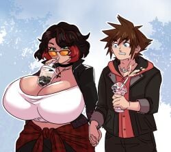 biker_jacket black_hair boba_tea boba_tea_challenge boyfriend-girlfriend breasts_bigger_than_head cleavage commissioner_upload crushing_object drooling flannel_shirt holding_hands huge_breasts kingdom_hearts kingdom_hearts_iv kotbysleep looking_over_eyewear looking_over_sunglasses original_character red_hair shirt_tied_around_waist shortstack sofia_omen(heartless_alchemyst) sora_(kingdom_hearts) sunglasses tinted_eyewear two-tone_hair unaware voluptuous white_shirt yoga_pants