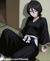 ai_generated alternate_costume arm_support artist_name black_hair black_hakama black_kimono black_pants bleach breasts closed_mouth dojo drop_shadow english_text female fukutaichou_badge hair_between_eyes hakama hakama_skirt half-closed_eyes indoors japanese_clothes kimono knee_up kuchiki_rukia leaning_back long_sleeves looking_at_viewer looking_down looking_to_the_side medium_breasts medium_hair mionety on_floor pants parted_lips purple_eyes sash shadow short_hair shouji sitting skirt sliding_doors socks solo tabi taichou_haori tatami white_sash white_socks wide_sleeves zanpakutou
