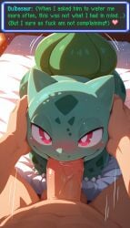 ai_generated ambiguous_gender bed bedding bedding_background blush bodily_fluids bulbasaur dialogue duo english_text erection faceless_character faceless_male fellatio feral feral_penetrated first_person_view furniture fushigidane generation_1_pokemon genitals heart hi_res human human_on_feral human_penetrating human_penetrating_feral human_pov interspecies larger_human larger_male looking_at_viewer male male/ambiguous male_on_feral male_penetrating male_penetrating_ambiguous male_pov mammal narrowed_eyes ninfia nintendo on_bed oral oral_penetration penetration penile penis pokemon pokemon_(species) pokephilia red_eyes saliva saliva_on_penis sex size_difference smaller_feral solo_focus text vein veiny_penis