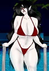 1girls big_breasts black_hair goth_girl gothic latina latina_female oc original_character pale-skinned_female pool red_bikini red_eyes salvadoran_girl vampire