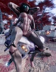 3d_(artwork) 4_arms 4_eyes abs absurd_res alien arthropod black_hair blue_eyes breasts brown_body brown_exoskeleton bungie destiny_(series) digital_media_(artwork) eliksni exoskeleton female genitals hair hand_on_breast hands_behind_head hi_res juanratman machine multi_arm multi_eye multi_limb nipples nude outside plant sharp_teeth sitting solo teeth tree vulva