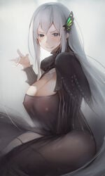 1girls absurd_res between_legs black_capelet black_dress blush breasts bug butterfly butterfly_hair_ornament capelet cleavage dress echidna_(re:zero) erect_nipples erect_nipples_under_clothes female fully_clothed gray_bear grey_eyes hair_ornament hand_between_legs hi_res huge_breasts insects long_hair looking_at_viewer nipples no_bra painting_(artwork) re:zero_kara_hajimeru_isekai_seikatsu see-through sheer_clothes silver_hair sitting smile solo striped thick_thighs thighs vertical-striped_dress vertical_stripes white_eyelashes