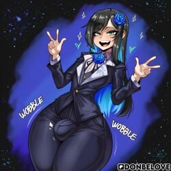 1boy ado_(utaite) ai_generated artist_name black_hair black_jacket black_pants blue_eyes blue_flower blue_hair blue_rose blush bulge collared_shirt colored_inner_hair cowboy_shot donbeboys double_v double_w flower flower_brooch formal hair_flower hair_ornament heart jacket long_hair long_sleeves looking_at_viewer male_focus mole mole_under_eye multicolored_hair narrow_waist open_mouth otoko_no_ko pants rose rule_63 shirt smile solo sparkle suit teeth thick_thighs thighs two-tone_hair utaite v w white_shirt wide_hips