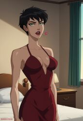 1girls ai_generated batman:_hush batman_(series) black_hair bubbleteexl catwoman catwoman_(dcamu) dark_hair dc dc_comics dcamu dress female female_focus green_eyes pale-skinned_female pale_skin pixie_cut red_dress selina_kyle short_hair