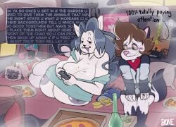 2025 animal_crossing anthro big_breasts blush bodily_fluids bong bovid bra_removed breasts brown_hair canid canine canis caprine chip_bag chips_(food) clothed clothing cody_(doxcy) controller crumbs crumbs_on_breast cult_of_the_lamb dessert dialogue domestic_dog dreamcatcher drooling drugs electronics english_text erection erection_under_clothing felid female food fur game_controller gir_(invader_zim) green_eyes grey_hair group hair hi_res high huge_breasts humanoid hyper hyper_breasts ice_cream inside invader_zim lamb_(cult_of_the_lamb) looking_at_breasts lying machine male mammal marijuana massive_monster_(studio) nickelodeon nintendo nipple_slip on_front on_side open_mouth pillow pizza poster potato_chips robot robot_humanoid saliva sega sheep sitting smoke sonic_(series) sonic_adventure sonic_the_hedgehog_(series) substance_intoxication sweat television tem temmie_(undertale) text thebonezonedeluxe tongue tongue_out under_boob undertale undertale_(series) wall_of_text white_body white_fur
