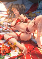 :p bar_censor barefoot blonde_hair blue_eyes bra bra_pull censored crotchless crotchless_panties feet female fingernails flower granblue_fantasy lilithbloody looking_at_viewer navel nipples one_breast_out orange_flower panties pulled_by_self pussy pussy_juice red_bra red_flower red_panties red_ribbon ribbon smile solo tiptoes tongue tongue_out twintails underwear zeta_(granblue_fantasy)