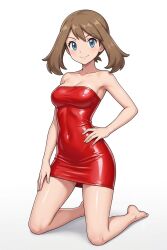 1girls 2d ai_generated bare_shoulders barefoot blue_eyes brown_hair brunette_hair female female_focus female_only light_skin looking_at_viewer may_(pokemon) on_knees pokemon red_dress tight_clothes tight_clothing tubetop