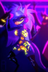 anthro aquatic ass background_character big_breasts big_butt blacklight blacklight_paint blue_body blue_skin bodily_fluids bouncing_breasts breasts camel_toe casual_nudity clothing crowd dancing demon electronics fangs female fingerless_gloves fish gloves green_teeth grope group hair hand_print handwear hazbin_hotel headphones hell hellaverse hi_res horn kiss_mark legwear long_hair long_horn looking_at_viewer neon_lights nipples nude nude_female party pickle_juice public public_nudity rave red_eyes shark sinner_demon smile smiling_at_viewer solo sweat tail teasing teeth thick_thighs thigh_highs wet