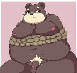 2021 anthro balls belly blue_eyes bondage bound brown_body brown_fur flaccid fur furry genitals hi_res kemono kusosensei male male_only mammal moobs navel nipples obese obese_male overweight overweight_male penis rope rope_bondage solo solo_male ursid