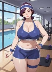 ai_generated anime_style ano_kono_kawari_ni_suki_na_dake belly_button black_hair bursting_breasts cameltoe cleavage dark_hair earrings erect_nipples_under_clothes eyelashes female gym gym_clothes gym_equipment gym_uniform hair_over_one_eye hand_on_hip headband hentai hentai_series large_breasts light-skinned_female lipstick midriff milf minako_(ano_kono_kawari_ni_suki_na_dake) mommy nipple_bulge one_hand_on_hip pearl_earrings pelvic_line poolside purple_hair rgomez007 seductive_look short_hair side_swept_bangs skindentation smiling_at_viewer solo_female sports_bra stable_diffusion standing thick_lips thick_thighs thigh_gap thighband tight_clothing voluptuous wide_hips workout_clothes wristband