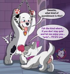 absurd_res against_surface against_wall animal_genitalia animal_penis animal_vulva anus ass blue_eyes blush blush_lines bodily_fluids canid canine canine_genitalia canine_penis canine_vulva canis collar crown cuff_(restraint) cum cum_in_mouth cum_inside cumshot cumshot_in_mouth dalmatian domestic_dog drinking drinking_cum dungeon duo ejaculation english_text fellatio female feral fur genital_fluids genitals handcuffs headgear hi_res hunting_dog knot knotted_penis male male/female mammal markings marshall_(paw_patrol) marvispot84 metal_cuffs nickelodeon oral paw_patrol paws penile penis pink_eyes restraints roleplay sex speech_bubble spots spotted_body spotted_fur sweetie_(paw_patrol) tail tail_motion tailwag terrier text tongue tongue_out vulva west_highland_white_terrier wet wet_penis white_body white_fur