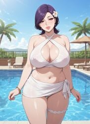 ai_generated anime_style ano_kono_kawari_ni_suki_na_dake belly_button bikini black_hair bracelet cleavage cleavage_cutout criss-cross_halter dark_hair earrings erect_nipples_under_clothes eyebrows_visible_through_hair eyelashes female hair_over_one_eye half-closed_eyes hentai hentai_series inner_sideboob large_breasts light-skinned_female lipstick lounge_chair midriff milf minako_(ano_kono_kawari_ni_suki_na_dake) mommy nipple_bulge nipple_outline palm_tree poolside purple_hair rgomez007 sarong seductive_look self_upload short_hair skindentation smiling_at_viewer solo_female standing swimming_pool swimsuit thick_lips thick_thighs thighband voluptuous warm_lighting white_clothing wide_hips