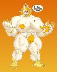 abs absurd_res anthro avian_feet big_breasts big_muscles bracelet breasts broad_shoulders claws clitoral_hood clitoris clitoris_piercing eyelashes feet felid female fire forehead_gem gem genital_piercing genitals gold_(metal) gold_bracelet gold_jewelry gradient_background hair hairy_nipples hairy_vulva heart_tattoo hi_res horn huge_breasts huge_muscles hybrid hyper hyper_breasts hyper_muscles inner_ear_fluff inverted_nipples iranian_mythology jewelry liger lion lips lipstick looking_down makeup mammal manticore middle_eastern_mythology muscular mythology nipples orange_eyes orange_hair outline pantherine pawpads piercing prehensile_feet pubes red_sclera sharp_teeth simple_background solo speech_bubble tattoo teeth thick_thighs toes tuft white_body white_outline whitestellar whitestellar_(character) worried_look yellow_horn