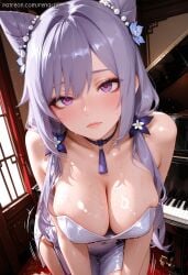 ai_generated bangs bare_shoulders blush breasts choker cleavage closed_mouth collarbone cone_hair_bun covered_navel double_bun dress female female_only flower genshin_impact hair_bun hair_flower hair_ornament indoors instrument keqing keqing_(genshin_impact) large_breasts lips long_hair looking_at_viewer piano purple_eyes purple_hair purple_hair_in_long_twintails purple_qipao_style_dress_with_lightning_motifs shiny_skin solo sweat twintails white_dress