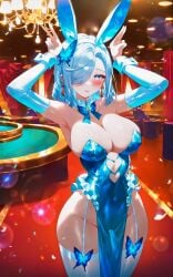 ai_generated alternate_costume animal_ears animal_print argyle_cutout armpits arms_up ass_visible_through_thighs asymmetrical_bangs bare_shoulders blonde_hair blue_butterfly blue_lips blue_nails blue_skin blurry blurry_background blush bow bowtie braid breasts bridal_gauntlets brooch bug bunny_day butterfly butterfly_brooch butterfly_hair_ornament cameltoe chandelier cleavage cleavage_cutout closed_mouth clothing_cutout collar collarbone colored_skin covered_navel covered_nipples cowboy_shot curvy cutout_above_navel detached_collar detached_sleeves double_v double_w dress earrings elbow_gloves embarrassed eyelashes eyeshadow fake_animal_ears female fingernails frilled_dress frilled_leotard frills garter_belt garter_straps genshin_impact gloves gold_trim grey_skin groin hair_ornament hair_over_one_eye hairband hands_up heart heart_cutout highleg highleg_leotard holding indoors jewelry large_breasts lens_flare leotard lipstick long_bangs long_fingernails long_hair long_sleeves looking_at_viewer makeup medium_hair ministro mole mole_on_breast mole_under_eye multicolored_eyes nail_polish navel navel_cutout no_panties official_alternate_costume one_eye_covered open_mouth parted_bangs parted_lips pelvic_curtain petals playboy_bunny presenting_armpit purple_skin rabbit_ears rabbit_pose rabbit_tail red_eyes ribbon see-through shenhe_(genshin_impact) shiny_clothes short_hair side_slit sideboob single_braid skin_tight skindentation smile solo standing strapless strapless_leotard swept_bangs table tail tassel tassel_earrings thick_thighs thigh_gap thighhighs thighs v white_collar white_garter_straps white_hairband white_skin white_thighhighs white_wrist_cuffs wide_hips wing_collar wrist_cuffs yellow_butterfly