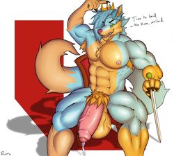 abs anthro balls big_balls big_penis blue_body blue_fur blue_hair bodily_fluids canid canine canis chair crown ear_piercing facial_piercing foreskin fox fur furniture genital_fluids genitals hair hi_res holding_object holding_weapon huge_balls huge_cock humanoid_genitalia humanoid_penis hybrid lip_piercing looking_at_viewer male male_only mammal melee_weapon muscular muscular_male nipples nose_piercing nose_ring nude open_mouth penis piercing pubes randt simple_background sitting smile snakebite_piercing solo sword teslawolfen text throne weapon wolf yellow_body yellow_fur