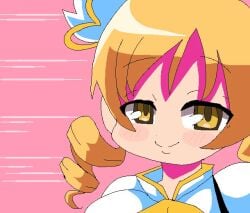 :> animated bouncing_breasts bullet cake charlotte_(madoka_magica) covered_erect_nipples firearm gif good_ending huge_breasts mahou_shoujo_madoka_magica nipple_bulge shooting smile tomoe_mami witch_(madoka_magica)