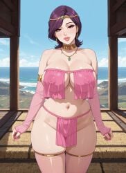 ai_generated anime_style ano_kono_kawari_ni_suki_na_dake belly_button black_hair breast_curtains bursting_breasts choker circlet cleavage dancer_outfit dark_hair detached_sleeves earrings erect_nipples_under_clothes eyelashes female gold_choker gold_trim harem_outfit hentai hoop_earrings inner_sideboob large_breasts light-skinned_female lipstick loincloth midriff milf minako_(ano_kono_kawari_ni_suki_na_dake) mommy neck_jewelry necklace nipple_outline nipples_visible_through_clothing no_panties pelvic_curtain pelvic_line pink_clothing practically_nude purple_hair rgomez007 seductive_look self_upload short_hair skindentation smiling_at_viewer solo_female stable_diffusion standing thick_lips thick_thighs thighhighs thighlet voluptuous warm_lighting wide_hips