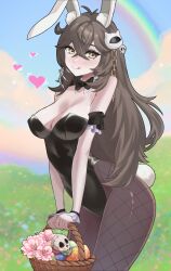 1girls animal_ears basket black_bow black_bowtie black_leotard bow bowtie breasts brown_hair bunnysuit chains cleavage cloud easter_egg egg female fishnet_pantyhose fishnets flower grass grimmivt heart indie_virtual_youtuber leotard long_hair looking_at_viewer medium_breasts naya_moonfang pale_skin pantyhose playboy_bunny rabbit_ears rabbit_tail rainbow ringed_eyes skull tail thighs tongue tongue_out virtual_youtuber vtuber wrist_cuffs yellow_eyes