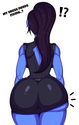 !? 1girls alila_(mandalorymory) ass back back_view backboob big_ass big_butt blue_body blue_skin bubble_ass bubble_butt dark_purple_hair english_text female female_focus female_only fuckable_butt inconvenient_ass inconvenient_butt mandalorymory part_1 part_of_a_set ponytail purple_hair short_dress simple_background solo solo_female solo_focus text tight_clothes tight_clothing tight_dress underass wardrobe_malfunction white_background