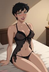 1girls ai_generated batman:_hush batman_(series) black_hair bubbleteexl catwoman catwoman_(dcamu) dark_hair dc dc_comics dcamu female female_focus green_eyes lingerie pale-skinned_female pale_skin pixie_cut selina_kyle short_hair