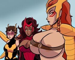 3girls alternate_breast_size angela_(aldrif_odinsdottir) big_breasts blueartfiend breast_comparison breast_envy breast_size_difference breasts brown_hair bursting_breasts clothed clothed_female female girl_staring_at_guy's_chest huge_breasts janet_van_dyne large_boobs large_breasts marvel marvel_comics marvel_rivals red_hair scarlet_witch scarlet_witch_(marvel_rivals) staring staring_at_breasts wanda_maximoff wasp_(marvel)