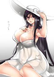 big_ass big_breasts black_hair choker cleavage curvaceous curvy curvy_figure dark_eyes dress female hasshaku-sama hat huge_breasts japanese_mythology long_hair milf pose solo solo_focus summer_dress taller_girl thick_thighs wide_hips