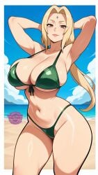 ai_generated armpit armpit_fetish armpits arms_up beach big_breasts bikini blonde-haired_female blonde_female blonde_hair boruto boruto:_naruto_next_generations breasts busty busty_female cleavage female female_focus female_only forehead_jewel forehead_mark green_bikini hands_behind_head hips jorgecarlosai light_smile long_hair looking_at_viewer mature mature_female mature_woman milf milf_body mommy naruto naruto_(classic) naruto_(series) naruto_shippuden posing posing_for_the_viewer sand senju_tsunade sexy_pose standing swimsuit thighs tsunade tsunade_(naruto) tsunade_senju twintails twintails_(hairstyle) water watermark