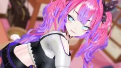 1boy 1girls 3d animated blue_eyes blush breasts buttjob buttjob_over_clothes clothed_buttjob clothed_female_nude_male clothing cum cum_on_self ejaculation hololive hololive_dev_is hololive_flow_glow huge_breasts indoors kikirara_vivi light-skinned_female light-skinned_male light_skin living_room mikumikudance mmd pink_hair purple_hair room sound twintails two-tone_hair video virtual_youtuber zuzuzu3d