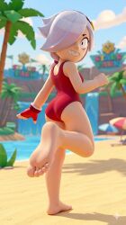 ai ai-created ai_art ai_generated brawl_stars colette_(brawl_stars) foot_fetish sharp_teeth soles solo_female solo_focus swimsuit swimwear white_hair