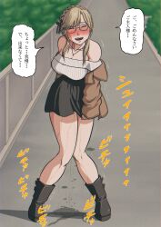 1girls ade_(maid_in_spring)_(nikke) ade_(nikke) alternate_costume bare_shoulders black_boots black_skirt blonde_hair blue_cherio blush boots breasts eyewear facing_viewer female glasses goddess_of_victory:_nikke large_breasts off-shoulder_shirt official_alternate_costume onomatopoeia open_mouth pee_puddle peeing peeing_self puddle skirt solo solo_female solo_focus speech_bubble thighs translation_request