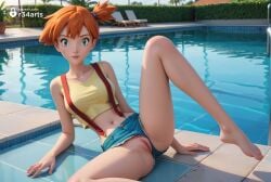 1girls ai_generated anime_girl anime_style arm_support artist_name bare_arms barefoot breasts clothing_aside collarbone crop_top day denim denim_shorts eyelashes feet female green_eyes hair_tie hi_res kasumi_(pokemon) knee_up leg_up legs lips looking_at_viewer midriff navel orange_hair outdoors panties parted_lips patreon_username plant pokemon pokemon_(anime) pokemon_(classic_anime) pokemon_(game) pool poolside pussy r34arts shirt short_hair short_shorts shorts side_ponytail sitting sleeveless smile solo spread_legs suspender_shorts suspenders tank_top toes uncensored underwear upshorts water
