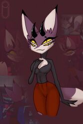 3:2 4_eyes anthro ass background_character big_breasts big_butt big_ears breasts canid canine clothing demon english_text female fennec_fox fluffy fluffy_tail fox hazbin_hotel hellaverse hi_res horn long_ears looking_at_viewer mammal multi_eye pickle_juice sinner_demon solo tail teasing teasing_viewer text true_fox yellow_eyes