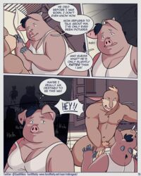 2021 4:5 abe_(mikrogoat) anthro basil_(mikrogoat) bed belly brown_body brown_fur clothing comic domestic_pig duo english_text fur furaffinity_username furniture genitals hi_res humanoid_hands lagomorph leporid lying male mammal mikrogoat navel nipples overweight overweight_male page_76 penis pillow rabbit shirt suid suina sus_(pig) text topwear twitter_username url