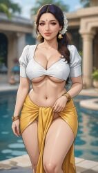 1girls ai_assisted ai_generated bangle bell_earrings belly_button bindi black_hair blouse blurry_background caramel-skinned_female cleavage earrings female flower_in_hair grok hair_over_shoulder hourglass_figure indian indian_clothes indian_female large_breasts lipstick long_hair loose_hair midriff no_panties poolside puffed_sleeves rgomez007 saree sari seductive_look self_upload short_sleeves smiling_at_viewer solo_female stable_diffusion standing swimming_pool thick_lips traditional_clothes underboob warm_lighting