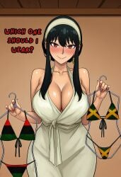 1girls absurd_res absurdres ai-generated ai_assisted ai_generated asking_viewer black_hair blush busty changing_room cleavage dress earrings english_text flag_bikini front-tie_bikini hairband hanger hanger_(object) high_resolution highres holding_clothes_hanger holding_clothing jamaican_flag_bikini large_breasts light-skinned_female light_skin looking_at_viewer micro_bikini pan-african_flag_bikini raceplay raleu10 red_eyes showing_clothes solo solo_female spy_x_family swimsuit talking_to_viewer thick_thighs yor_briar