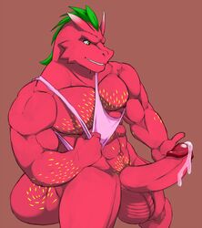 2016 abs anthro balls biceps big_balls big_muscles big_penis bodily_fluids body_hair cheek_spikes clothing colored colored_cum cum dragon dripping elemental_creature erection facial_spikes flora_fauna food food_creature fruit geng genital_fluids genitals green_hair hair horn huge_cock leaf leaf_hair living_fruit looking_at_genitalia male male_only mohawk muscular muscular_anthro muscular_arms muscular_male muscular_thighs navel pecs penis plant plant_hair precum precum_drip precum_string pseudo_hair pulling_shirt_down seeds shaded shirt smile solo solo_focus spikes spikes_(anatomy) strawberry tank_top teeth topwear unusual_cum