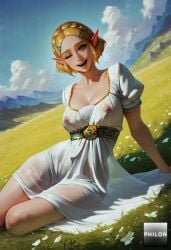 1girls ;d ai_generated arm_support blonde_hair blue_sky braid breasts cleavage cloud collarbone covered_nipples crown_braid day dress field grass green_eyes hair_ornament hairclip lactation looking_at_viewer medium_breasts mountain nipples no_bra one_eye_closed open_mouth outdoors parted_bangs philon pointy_ears princess_zelda puffy_sleeves see-through see-through_dress short_hair short_sleeves sitting sky smile solo stable_diffusion the_legend_of_zelda wet wet_clothes wet_dress white_dress yokozuwari zelda_(breath_of_the_wild)