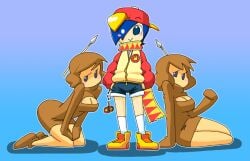 1boy 2000s 2girls 2girls1boy blue_eyes blue_shorts brown_hair brown_shoes brown_sweater coat dark-blue_eyes humanized humanoid king_dedede kirby_(series) minus8 nintendo no_mouth red_hat scarf spear spears waddle_dee yellow_shoes