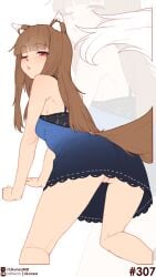 absurdres animal_ear_fluff animal_ears arm_support blue_dress blunt_bangs blush breasts brown_hair commentary dress english_commentary female from_behind highres holo likunea long_hair looking_at_viewer looking_back no_panties one_eye_closed parted_lips patreon_logo patreon_username pussy red_eyes sidelocks simple_background small_breasts solo spice_and_wolf tail twitter_username twitter_x_logo uncensored upskirt white_background wolf_ears wolf_girl wolf_tail zoom_layer