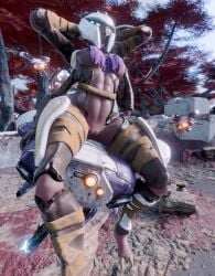 3d_(artwork) 4_arms 4_eyes abs absurd_res alien armor arthropod belt blue_eyes breasts brown_body brown_exoskeleton bungie clothing destiny_(series) digital_media_(artwork) eliksni exoskeleton female genitals glowing glowing_eyes hand_on_breast hands_behind_head headgear hi_res ineffective_clothing juanratman machine mostly_nude multi_arm multi_eye multi_limb outside plant sharp_teeth sitting solo teeth tree vulva wraps