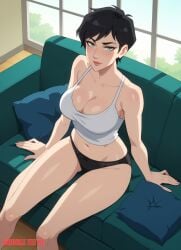 1girls ai_generated batman:_hush batman_(series) black_hair bubbleteexl catwoman catwoman_(dcamu) crop_top dark_hair dc dc_comics dcamu female female_focus green_eyes pale-skinned_female pale_skin pixie_cut selina_kyle short_hair underwear