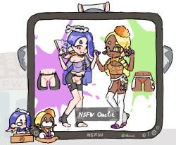 2girls artist_name big_man_(splatoon) blue_hair breasts deep_cut_(splatoon) exhibitionism frye_(splatoon) inkling nintendo octoling peace_sign pussy red_eyes screen shiver_(splatoon) splatoon splatoon_(series) splatoon_3 tentacle_hair thiori transparent_clothing yellow_eyes yellow_hair