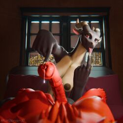 3d_(artwork) animal_genitalia animal_penis anthro bovid breasts caprine caprine_demon chert_(slad) demon digital_media_(artwork) dragon duo equine_genitalia equine_penis female female/female fur genitals goat_demon hi_res horn iuseblender3d lizard looking_at_viewer mammal mythological_creature mythological_scalie mythology nude penis red_body red_fur reptile salliviya_(slad) scalie vulva