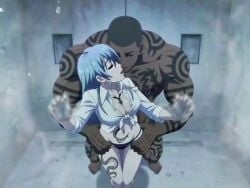 ai_generated akame_ga_kill! bbc_slave blacked blue_hair dark_skin esdeath_(akame_ga_kill!) interracial kissing piercing tagme tattoo video white_body