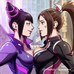 2d 2girls ai_assisted ai_generated ai_video animated black_clothing black_hair black_jacket brown_eyes brown_hair city face_to_face fatal_fury female female_focus female_only hailuoai hair_ornament juri_han kiss kissing long_hair loop mai_shiranui mai_shiranui_(street_fighter_6) official_art ponytail purple_clothing purple_eyes shorter_than_10_seconds street_fighter street_fighter_6 tagme the_king_of_fighters tied_hair video yuri