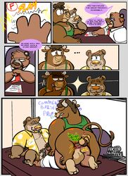 2021 anal anthro ass balls bovid bovine brown_body brown_fur cattle clothing comic english_text fur gay genitals group group_sex hi_res inked-waffle inkedwaffle_(artist) male male/male mammal necktie oral overweight overweight_male penis sex shirt student teacher teacher_and_student text threesome topwear ursid