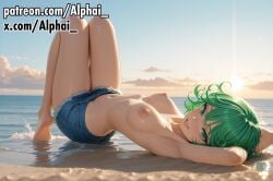 2025 2026 absurd_res absurdres ai_generated alphai armpits arms_up barefoot beach blue_shorts blue_sky blush blush_lines breasts cinematic_lighting cloud collarbone colorful_background cutoffs day denim denim_shorts depth_of_field detailed_background detailed_hair detailed_skin dramatic_shadows female full_body green_eyes green_hair high_quality high_resolution highres knees_up looking_at_viewer lying medium_breasts naughty_face navel nipples ocean on_back one-punch_man one_punch_man open_fly open_mouth outdoors particles raised_eyebrows sand semirealistic short_hair short_shorts shorts skindentation sky small_breasts smile solo tatsumaki tatsumaki_(one-punch_man) topless upside-down volumetric_lighting water
