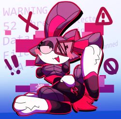 anthro bent_ear big_ears blush bodily_fluids cel_shading cheek_tuft clitoral clitoral_rubbing clitoris cotton_tail digital_creature exclamation_point eyeshadow facial_tuft female floating_hands fur genital_fluids genitals glowing grey_body grey_fur half-closed_eyes hi_res ka-3x_(tattersthebat) lagomorph leg_markings leporid looking_at_viewer makeup mammal markings narrowed_eyes one_eye_obstructed pink_blush polygonal_body rabbit red_glow shaded socks_(marking) solo spread_legs spreading symbol tattersthebat tuft vaginal_fluids vulva warning_symbol white_body white_fur